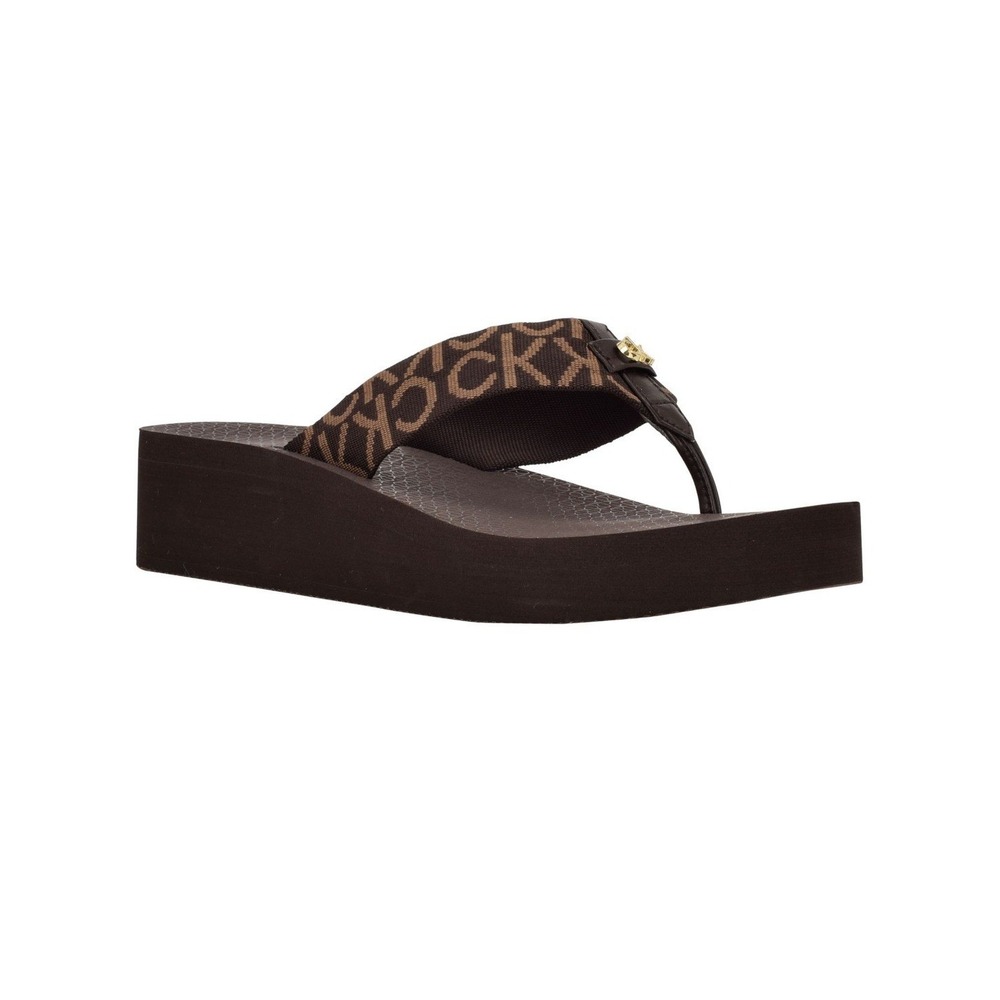 Calvin Klein Meena Logo Platform Flip Flop Sandals Brown Monogram Wedge Womens 5